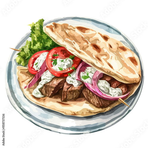 A watercolor vector painting of Greek gyro with lamb, pita, and tzatziki, isolated on a white background. Greek gyro vector.

