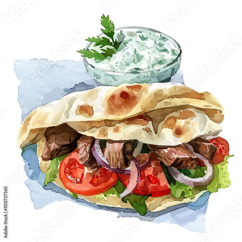A watercolor vector painting of Greek gyro with lamb, pita, and tzatziki, isolated on a white background. Greek gyro vector.

