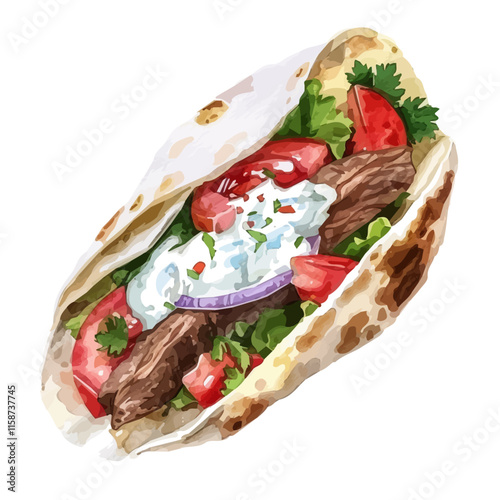 A watercolor vector painting of Greek gyro with lamb, pita, and tzatziki, isolated on a white background. Greek gyro vector.

