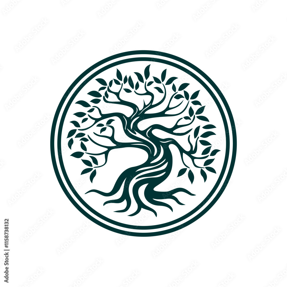 Fototapeta premium gnarled tree in circle emblem