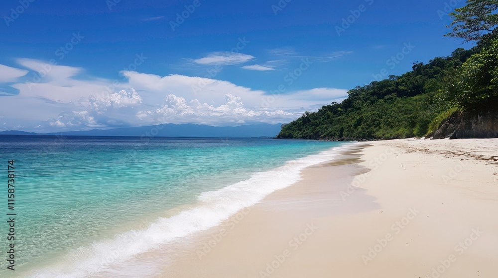 Serene tropical beach with white sand, turquoise water, and lush green foliage under a vibrant blue sky. Serene tropical beach with white sand, turquoise water, and lush green foliage under a vibrant blue sky.