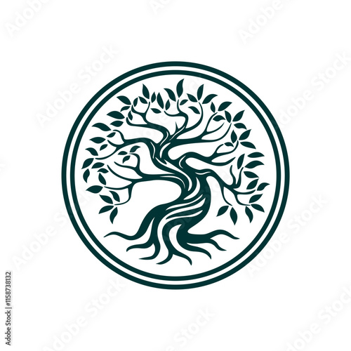 gnarled tree in circle emblem