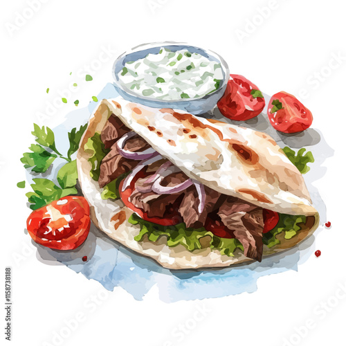 A watercolor vector painting of Greek gyro with lamb, pita, and tzatziki, isolated on a white background. Greek gyro vector.

