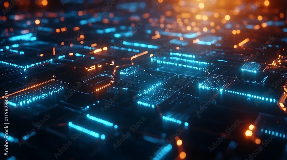 Abstract glowing circuit board texture with blue and orange lights. Abstract glowing circuit board texture with blue and orange lights.