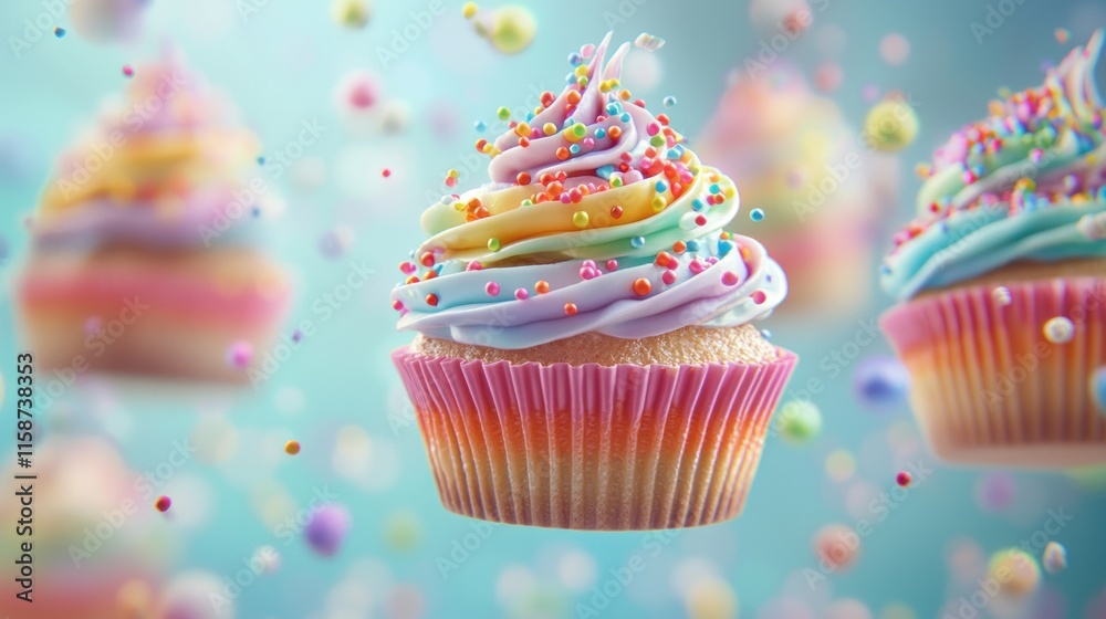 Rainbow swirl cupcake with sprinkles, floating. Rainbow swirl cupcake with sprinkles, floating.