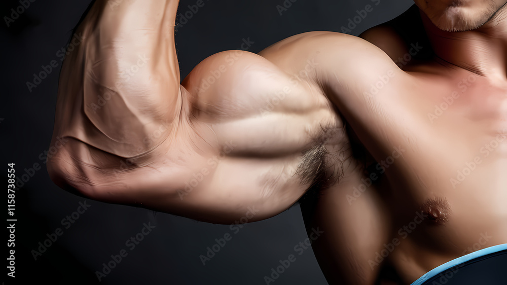 a hyper-detailed close-up image of a flexed bicep muscle and hand