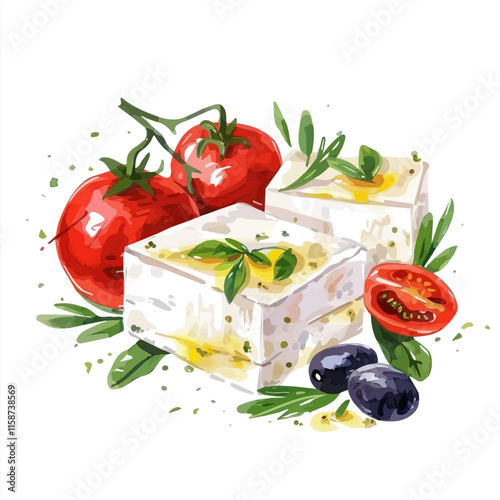 A watercolor vector painting of Greek feta cheese with olives and tomatoes, isolated on a white background. Greek feta cheese vector.


