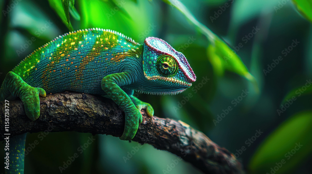 Fototapeta premium Vivid Green Chameleon with Intricate Scales on Branch in Lush Green Environment