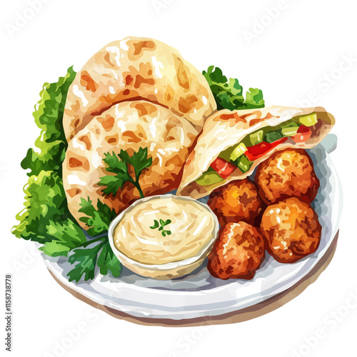 A watercolor vector painting of Greek falafel with tahini sauce and pita, isolated on a white background. Greek falafel vector.

