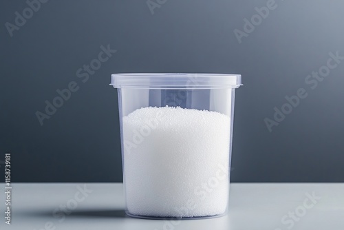 Clear Plastic Container Filled with White Silica Gel Beads, Studio Shot Against a Gray Background.
