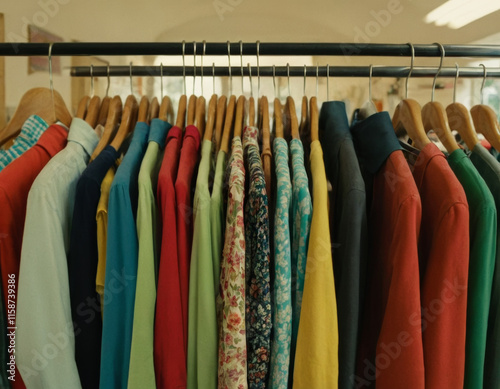 Colorful clothes hanging on hangers in second hand clothing shop, charity shop, thrift store, vintage clothing boutique. photo