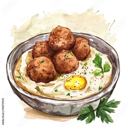 A watercolor vector painting of Greek falafel with hummus and tahini sauce, isolated on a white background. Greek falafel vector.

