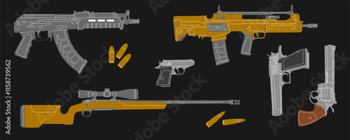Military arms icon. Danger gun. Arsenal of weapons. equipment. Aiming bullet. War ammunition. Infantry ammo. Handgun and revolver shooting. Game asset. Protection element. Vector tactical firearms set