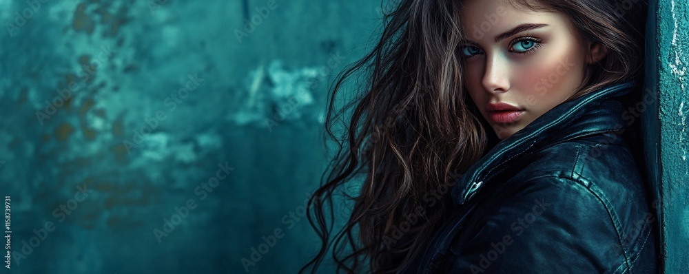 Fashion model posing with leather jacket and long brown hair Fashion model posing with leather jacket and long brown hair