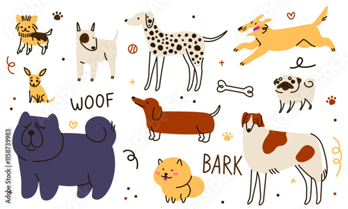 Dog cute. Pet character funny in different active poses. Animal drawing doodle style drawing. Icon pattern cartoon fun. Happy Dalmatian and puppy. Kids background zoo line. Vector baby illustration