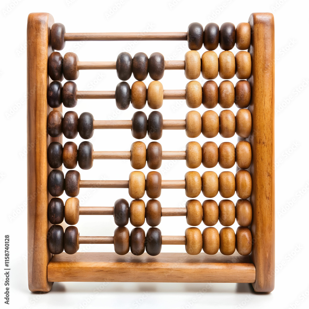 An old wooden abacus with colorful beads, set against a white background, ideal for historical, educational, An old wooden abacus with colorful beads, set against a white background, ideal for historical, educational,