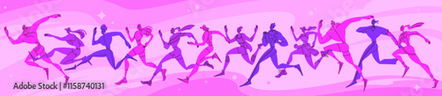 Abstract runner. Run people, group of sports. Character marathon, jogging men and women, successful competition, rapid achievement, dynamic person. Vector line cartoon flat isolated illustration