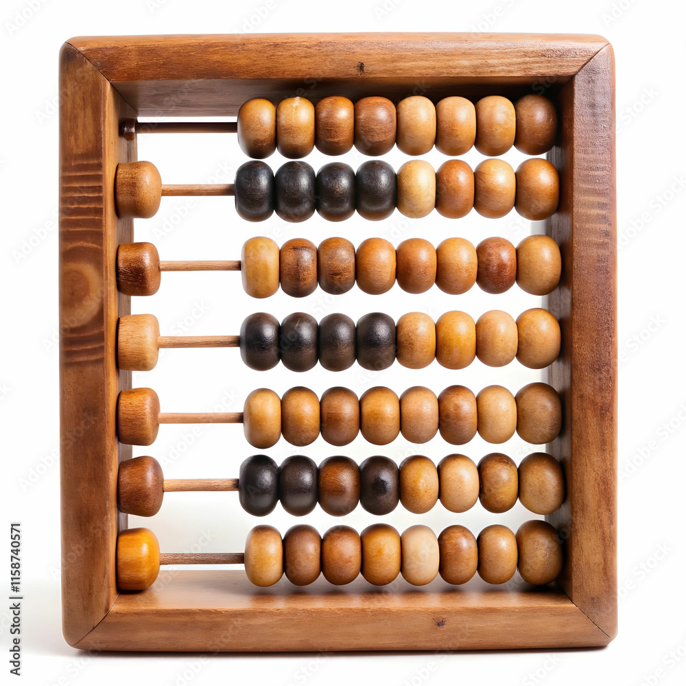 An old wooden abacus with colorful beads, set against a white background, ideal for historical, educational, An old wooden abacus with colorful beads, set against a white background, ideal for historical, educational,
