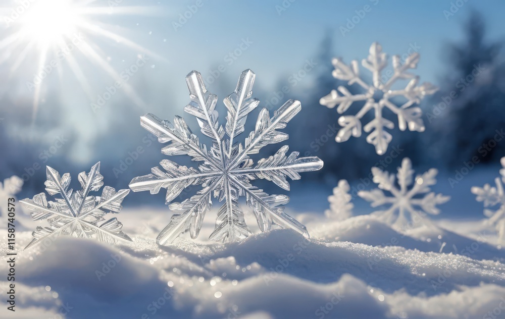 Crystal-clear snowflakes on a snowy surface under sunlight. Crystal-clear snowflakes on a snowy surface under sunlight.