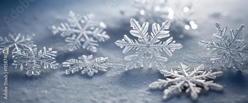 Macro view of detailed snowflakes on icy surface. photo