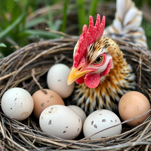 Black freerange farm chickens ayam cemani near pink eggs in nature. photo