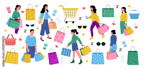 Shop sale. People on shopping pattern, girl with clothes, man with bag. Fashion package, supermarket tag, boutique and market. Abstract advertising for buyer. Vector art garish cartoon flat icons