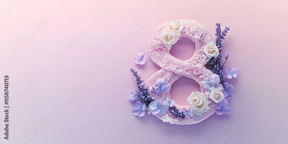 Fototapeta premium Floral arrangement of number eight with delicate roses and lavender on a soft pastel background