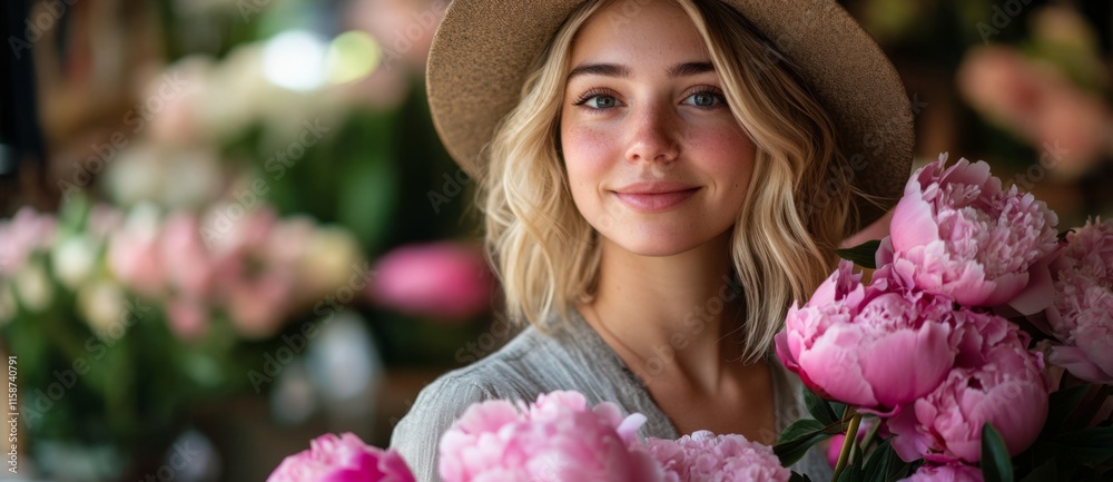 Fototapeta premium A cheerful blonde florist in a hat with pink peonies in her hands on a background of flowers. A banner for an online store or website.