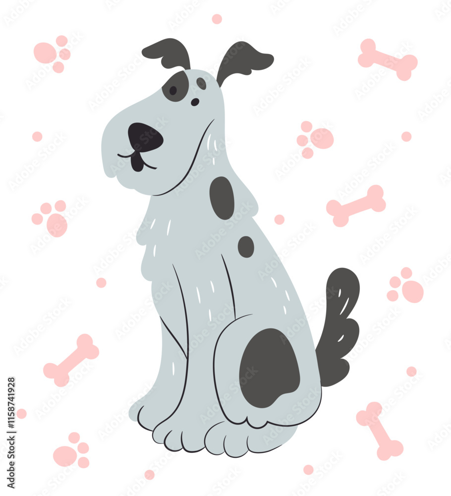 Cute cartoon dog. Funny pet. Adorable animal standing. Pawprint and bones on background. Childish card or poster decoration. Decorative print. Veterinary symbol. Purebred animal. Vector illustration Cute cartoon dog. Funny pet. Adorable animal standing. Pawprint and bones on background. Childish card or poster decoration. Decorative print. Veterinary symbol. Purebred animal. Vector illustration
