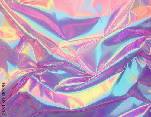 bstract Modern pastel colored holographic background in 80s style. Crumpled iridescent foil textile real texture. Synthwave. Vaporwave style. Retrowave, retro futurism, webpunk photo