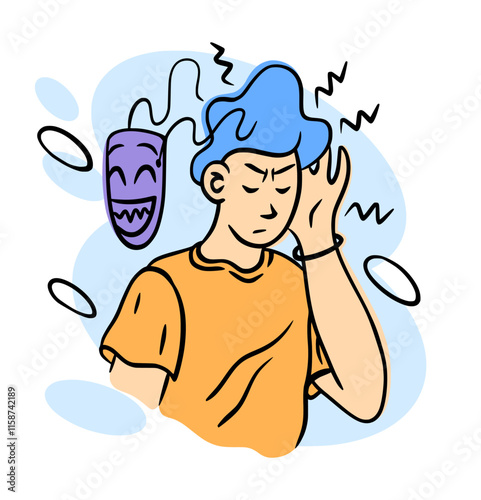 Mental health. Fake mask. Emotion expression disguise. Human psychology problem. Emotional stress. Depression and migraine headache. Liar portrait. Tired person pretends. Bipolar mind. Vector concept