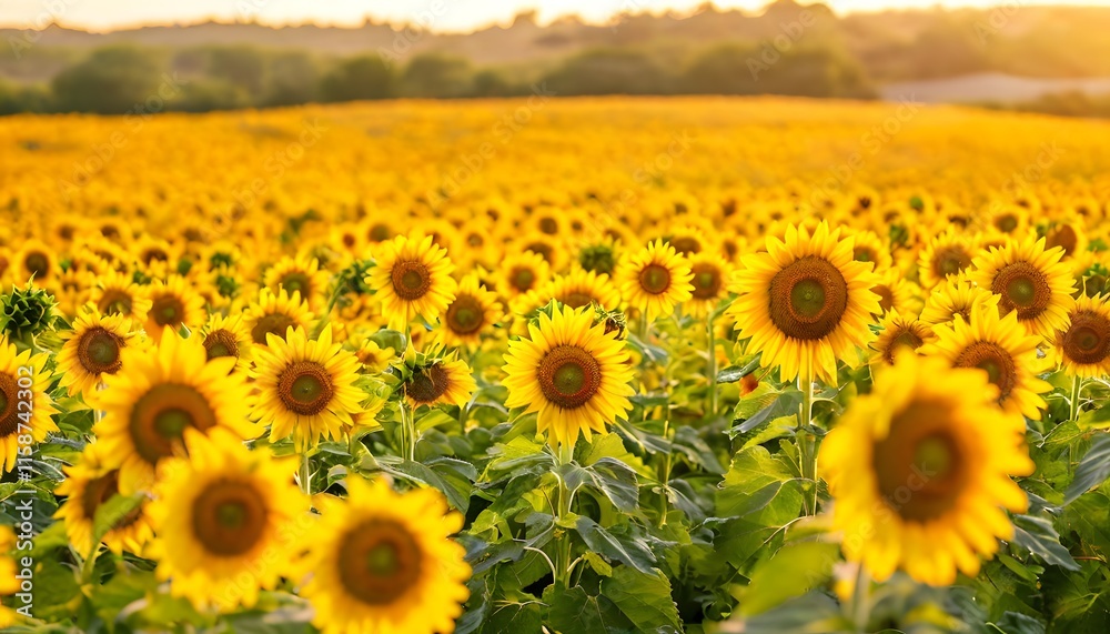Obraz premium Sunflowers - a field of cheerful yellow flowers flooded with warm, radiant light.