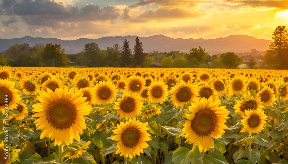 Obraz premium Sunflowers - a field of cheerful yellow flowers flooded with warm, radiant light.