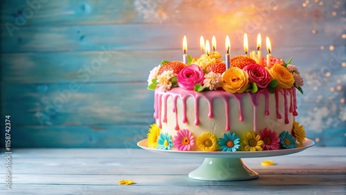 Wallpaper Mural Colorful birthday cake with candles and flowers on a modern table , sweet treat Torontodigital.ca