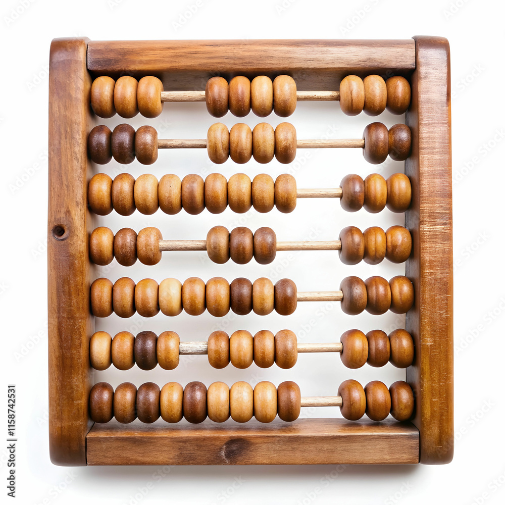 An old wooden abacus with colorful beads, set against a white background, ideal for historical, educational, An old wooden abacus with colorful beads, set against a white background, ideal for historical, educational,