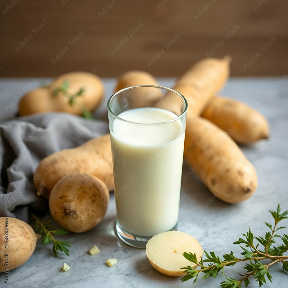 Vegan potato milk and potato on grey stone table background Plant based alternative milk replacer and lactose free. Vegan potato milk and potato on grey stone table background Plant based alternative milk replacer and lactose free.