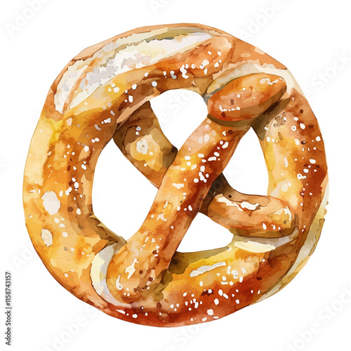 A watercolor vector painting of German pretzel with salt and mustard, isolated on a white background. German pretzel vector.

