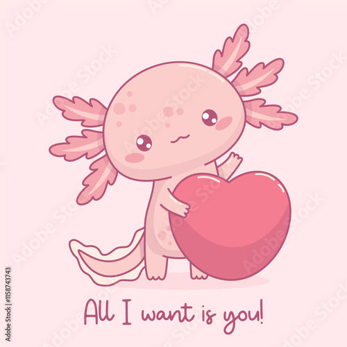 Romantic enamored Axolotl with heart. Little festive cartoon pink kawaii character. Vector illustration. Holiday cool postcard valentine