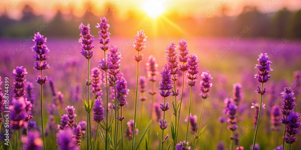 Fototapeta premium Field of purple flowers with tall stalks swaying gently in the breeze