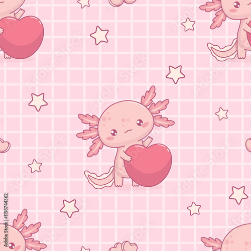 Seamless pattern with cute Axolotl with heart on checkered pink background. Funny Little cartoon kawaii character. Vector illustration. Romantic valentine backdrop