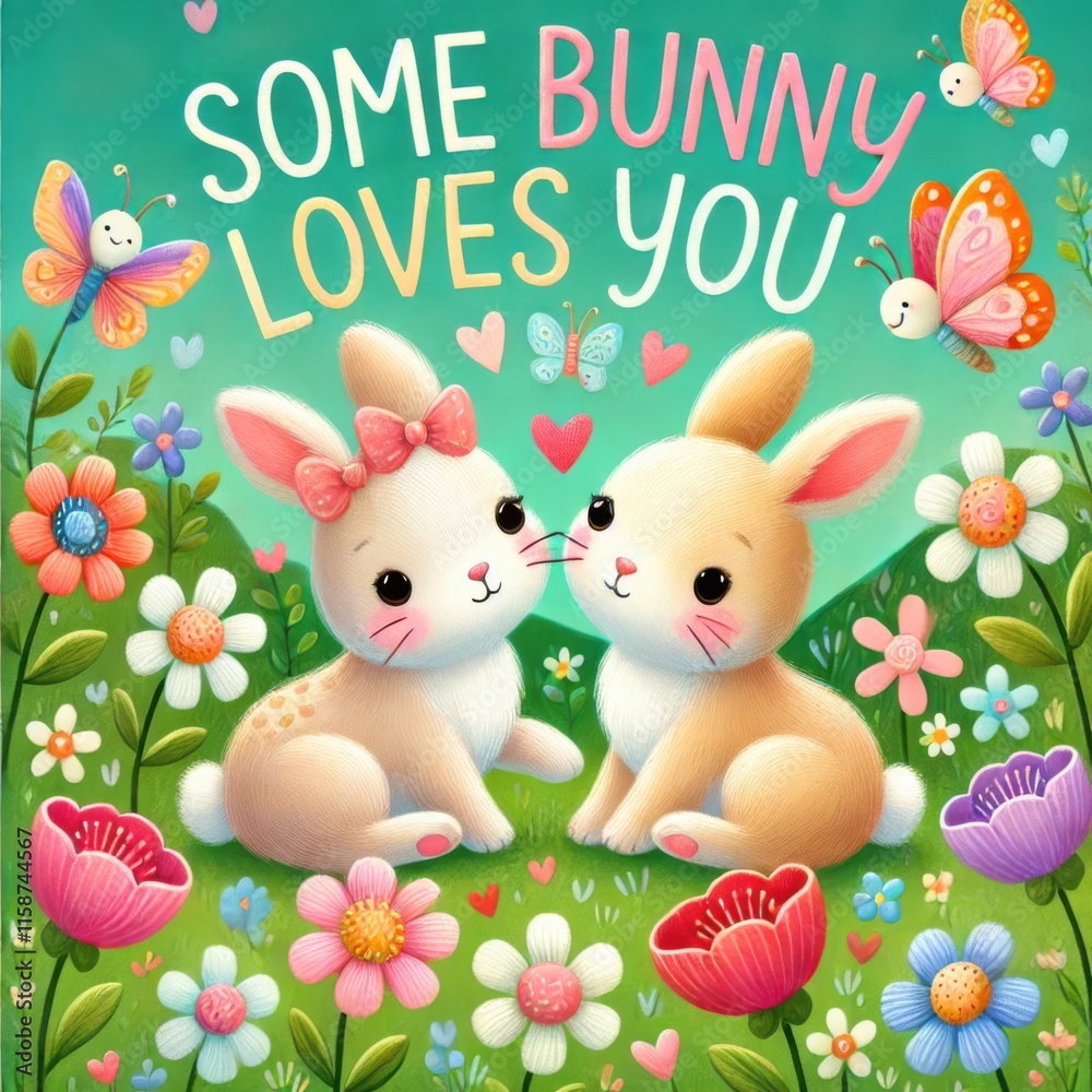 Obraz premium Cute Bunnies with Flowers