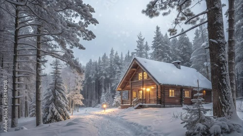 Christmas view of a house in the forest with falling snow