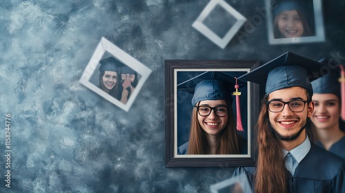 Happy graduates in caps and gowns, framed photos of their younger selves falling around them, celebrating their achievement. photo