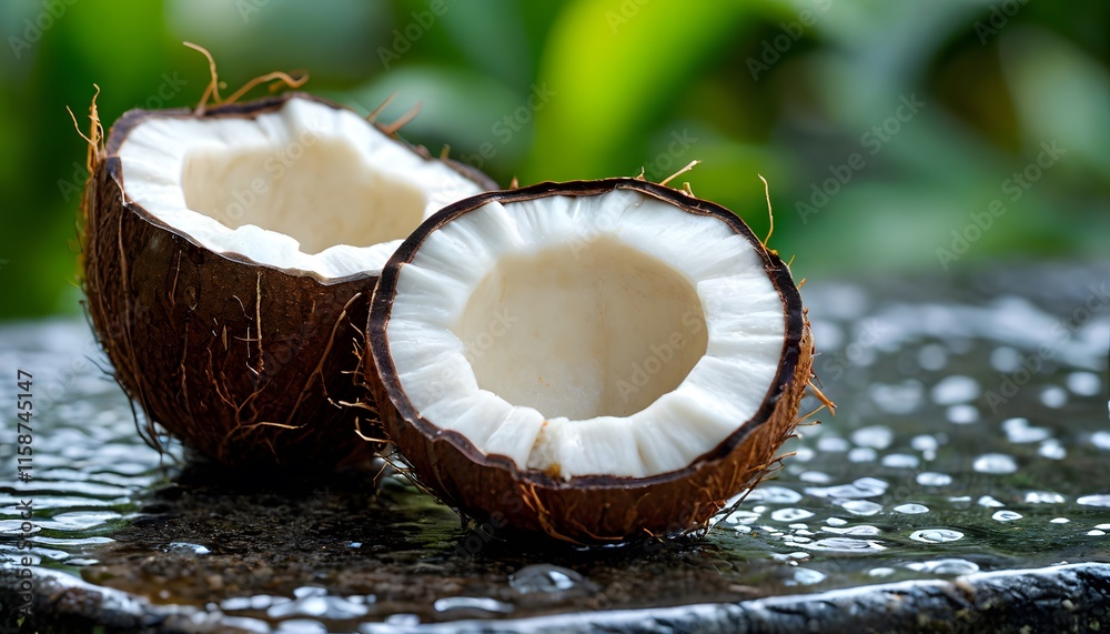 Freshly shattered coconut on a wet surface with water droplets in natural light. Freshly shattered coconut on a wet surface with water droplets in natural light.