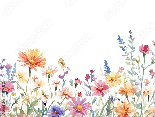 Wildflower Meadow Watercolor Painting: A delicate watercolor painting of a vibrant wildflower meadow with pink, yellow, and blue blooms. Perfect for nature lovers, floral designs, and spring themes.