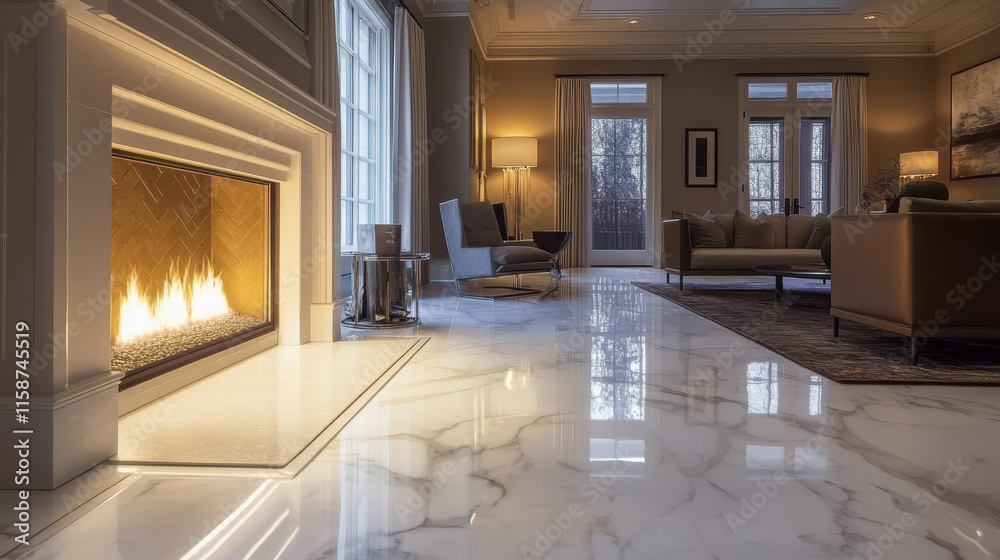 Fototapeta premium sophisticated lounge area featuring elegant marble flooring, cozy fireplace, and stylish furniture, creating warm and inviting atmosphere for relaxation