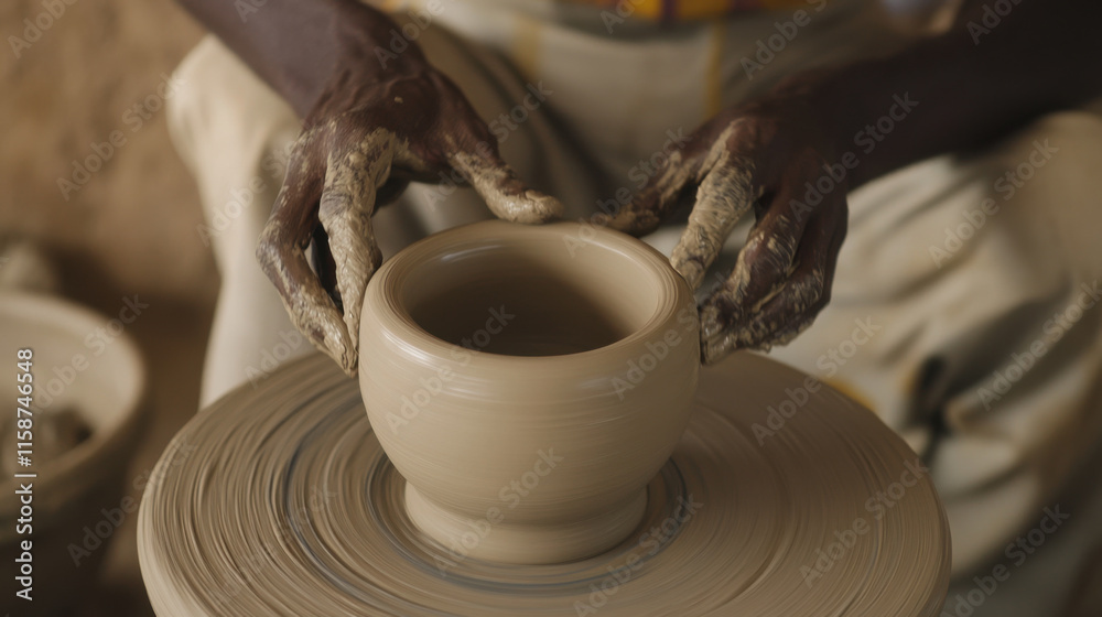Craftsman shaping delicate clay vase on pottery wheel, showcasing skill and artistry in ceramic creation. hands are covered in clay, emphasizing tactile nature of craft Craftsman shaping delicate clay vase on pottery wheel, showcasing skill and artistry in ceramic creation. hands are covered in clay, emphasizing tactile nature of craft