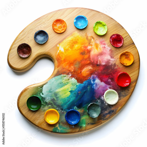 A colorful painting palette with vibrant paint spots, set against a white background,