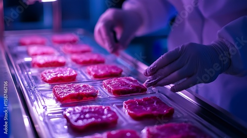 Scientists examining cultured meat samples in a futuristic lab setting 