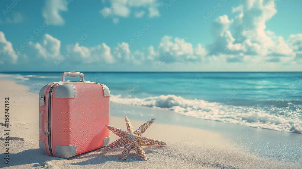 Summer time on the beach with suitcase ready for a relaxing and adventurous coastal vacation Summer time on the beach with suitcase ready for a relaxing and adventurous coastal vacation